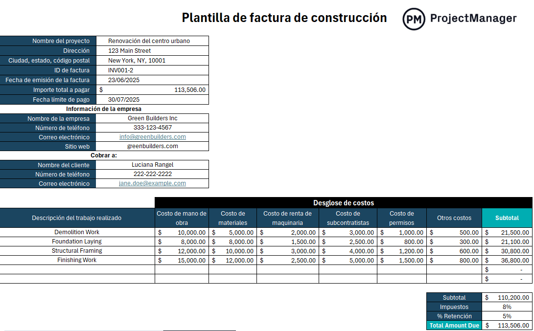 Plantilla de factura de construcción para Excel