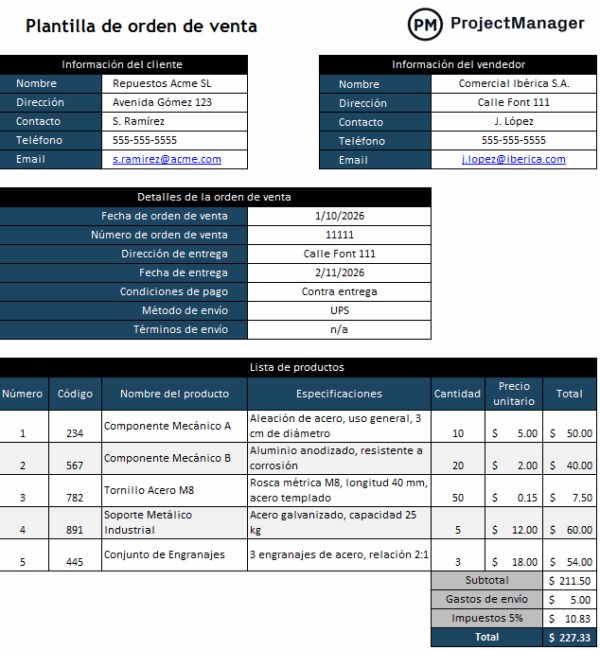 Plantilla de orden de venta para Excel