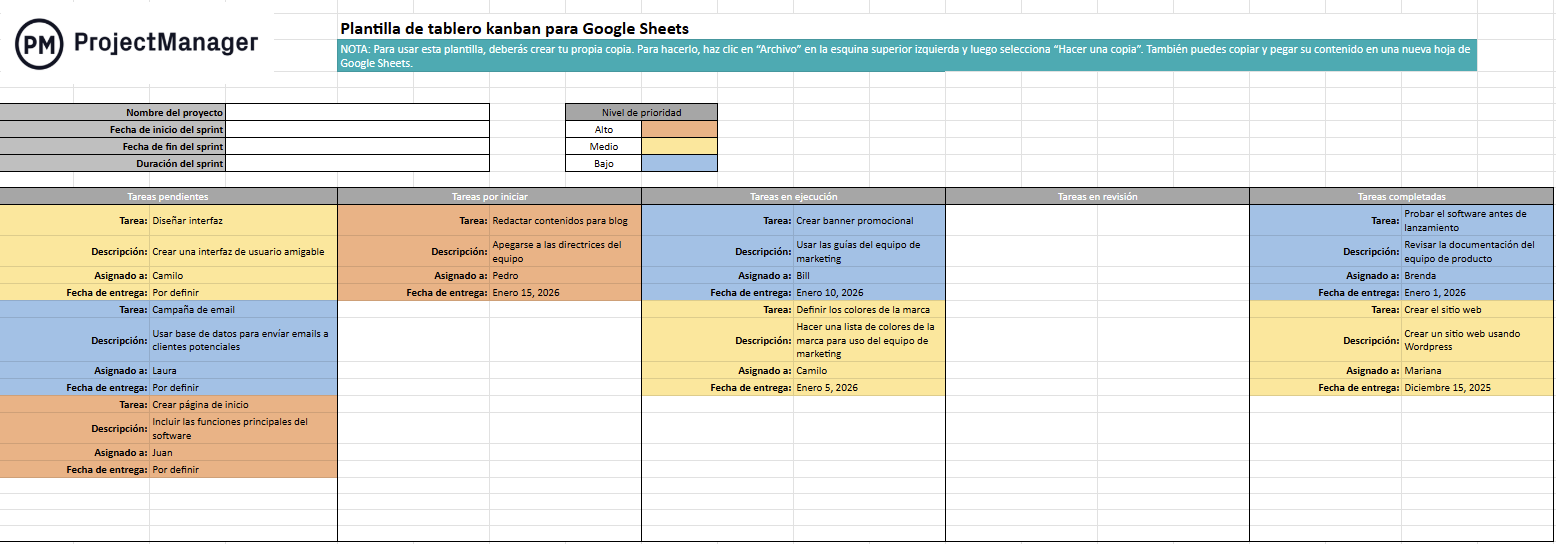 Plantilla de tablero kanban para Google Sheets