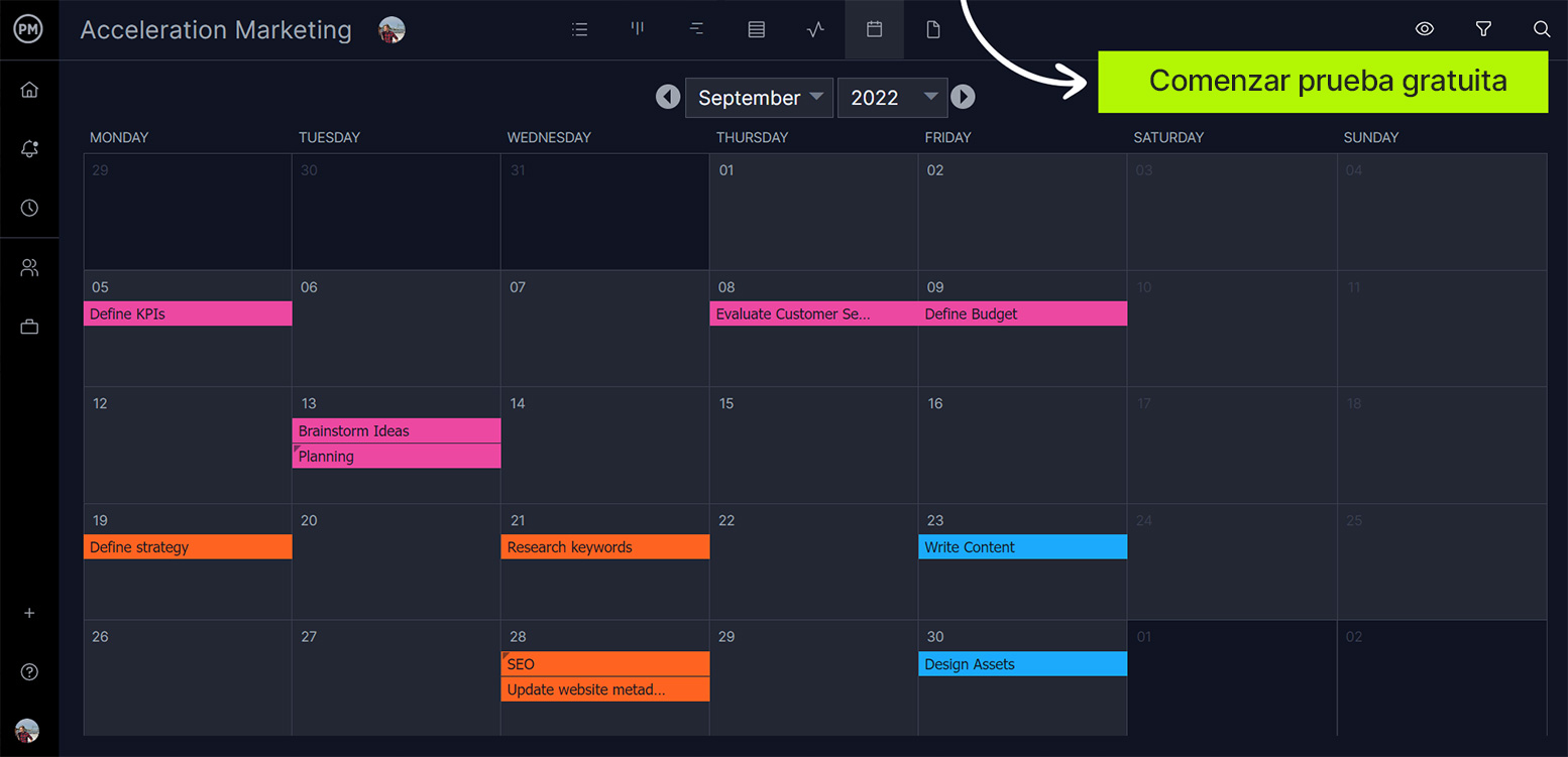 Vista de calendario en ProjectManager