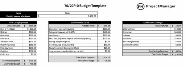 70-20-10 Budget Template for Excel