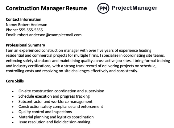 Construction manager resume example