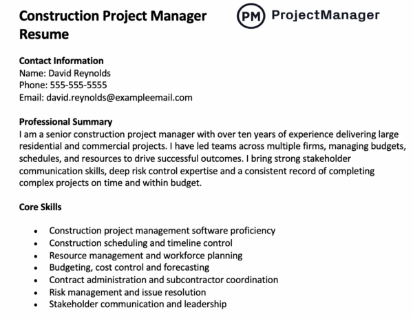Construction project manager resume by ProjectManager