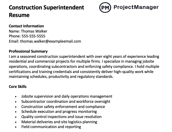 Construction superintendent resume