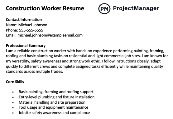 Construction worker resume by ProjectManager