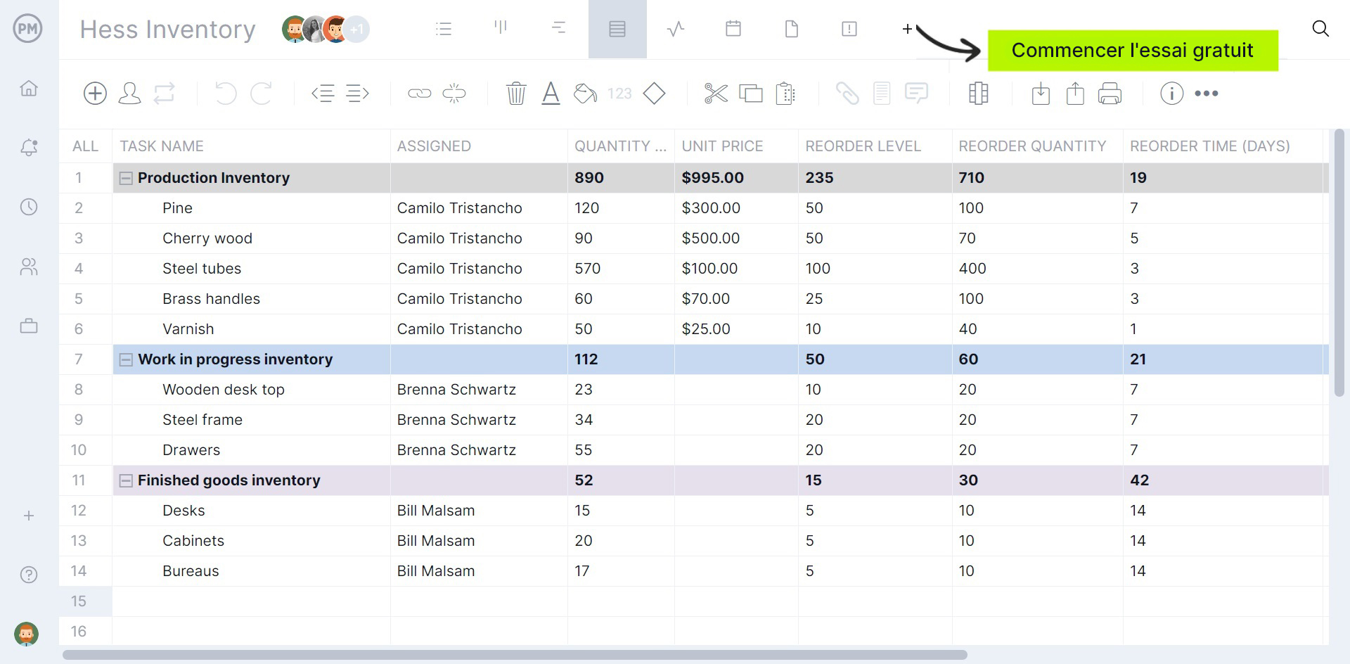 Gestion des stocks dans ProjectManager avec la vue feuille de calcul