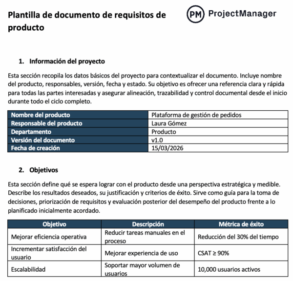 Plantilla de documento de requisitos de producto para Word