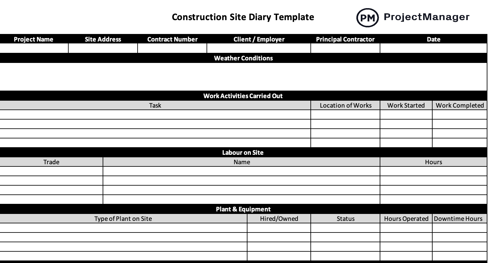 Construction Site Diary Template for Excel