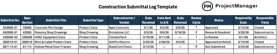 Construction submittal log for Excel