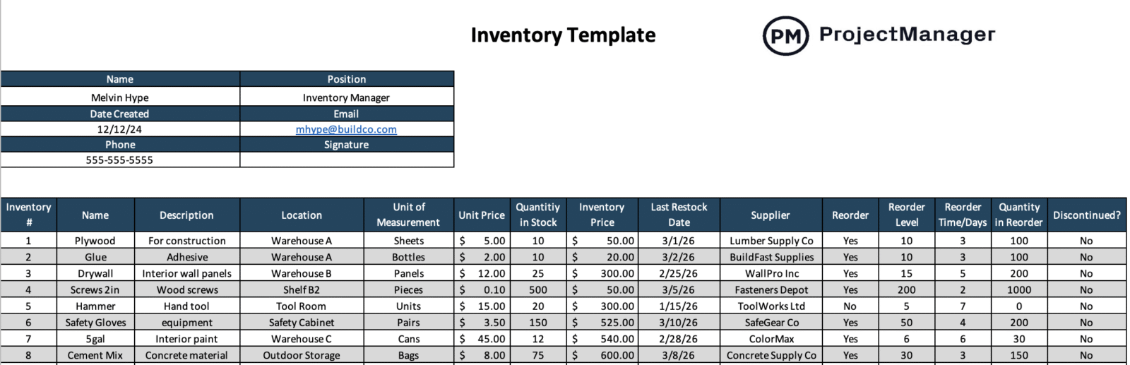 Free Inventory Template for Excel