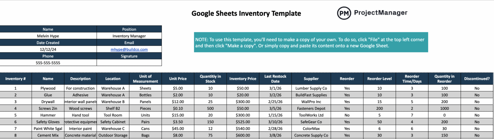 Free Inventory Template for Google Sheets