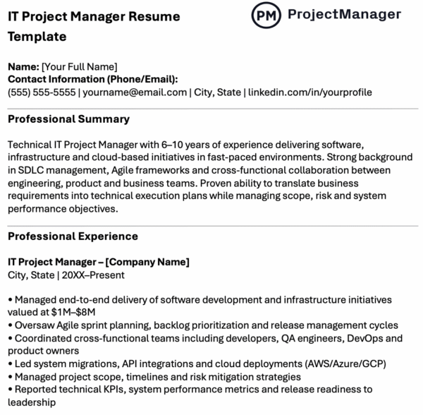 IT project manager resume template for Word