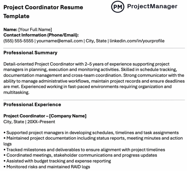 Project Coordinator Resume Template