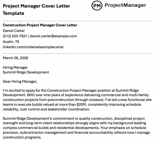 Project manager cover letter template for Word
