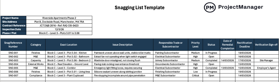 Snagging List Template for Excel