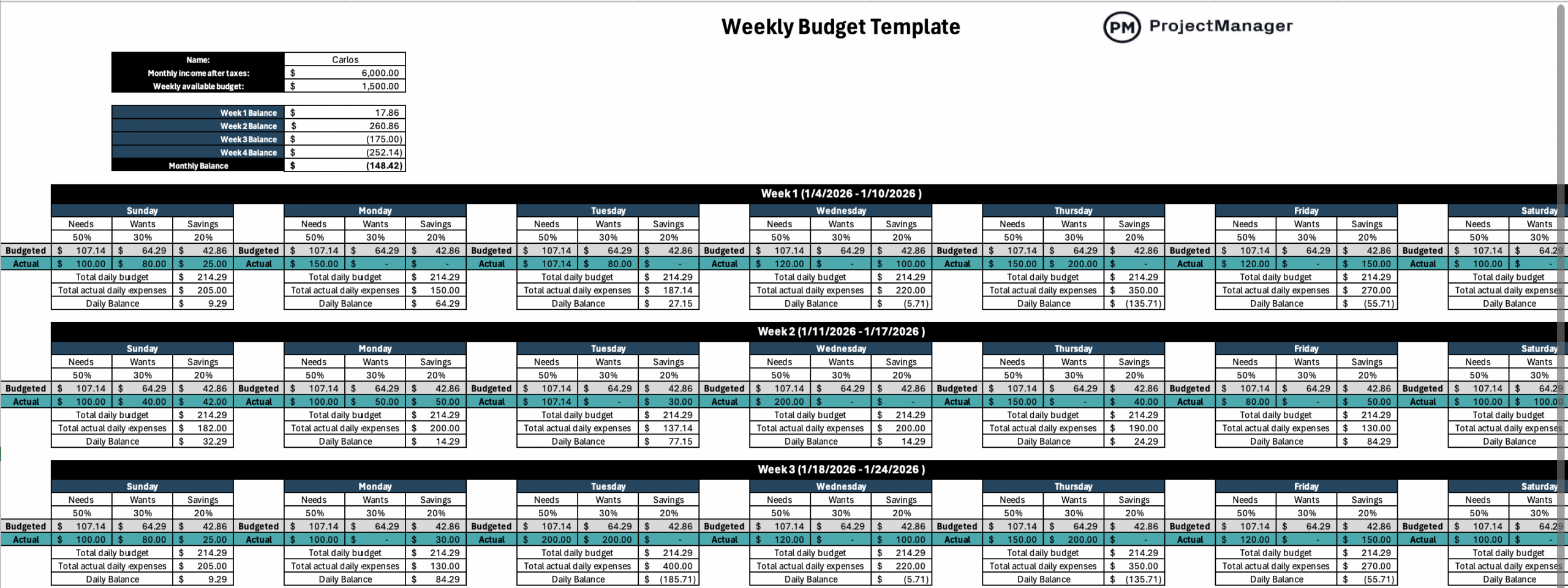 weekly budget template for Excel