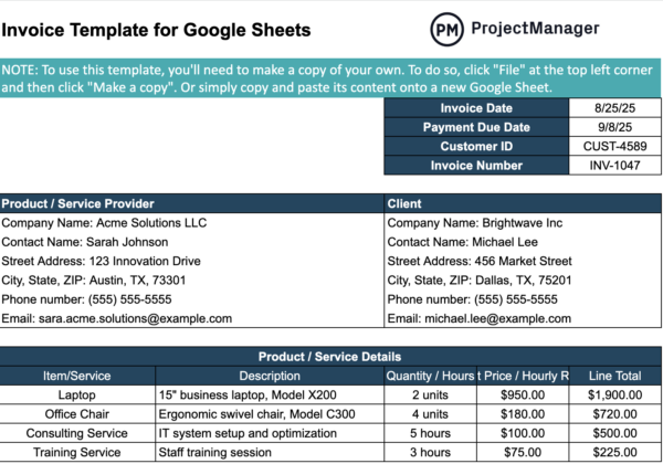 Google Sheets Invoice Template - ProjectManager