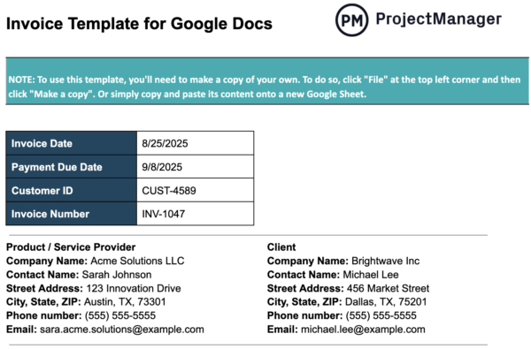 Invoice Template for Google Docs - ProjectManager