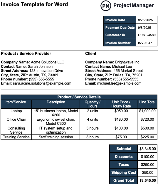 Invoice template for Word - ProjectManager