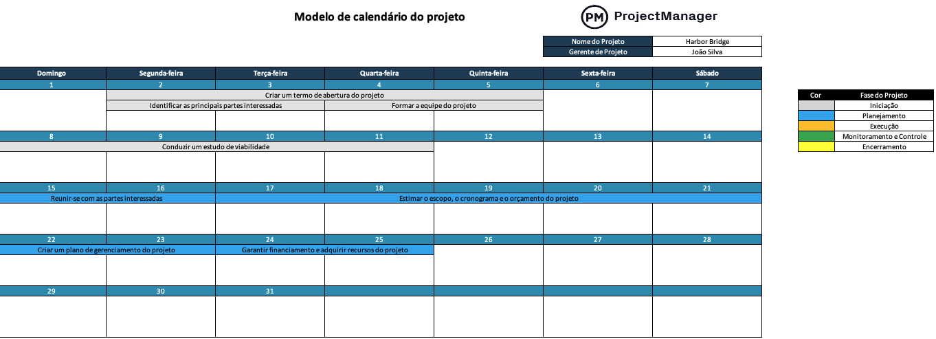 Modelo de calendário do projeto para Excel