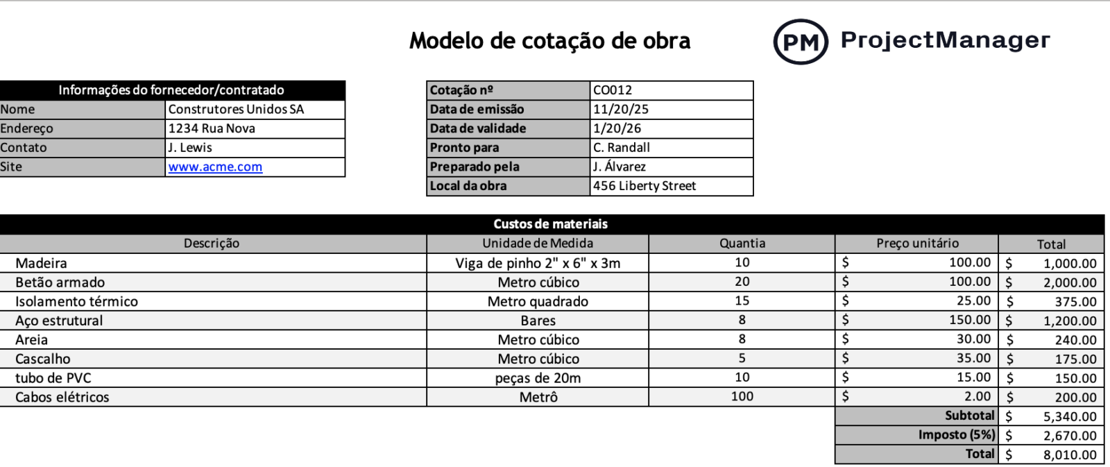 Modelo de cotação de obra para Excel