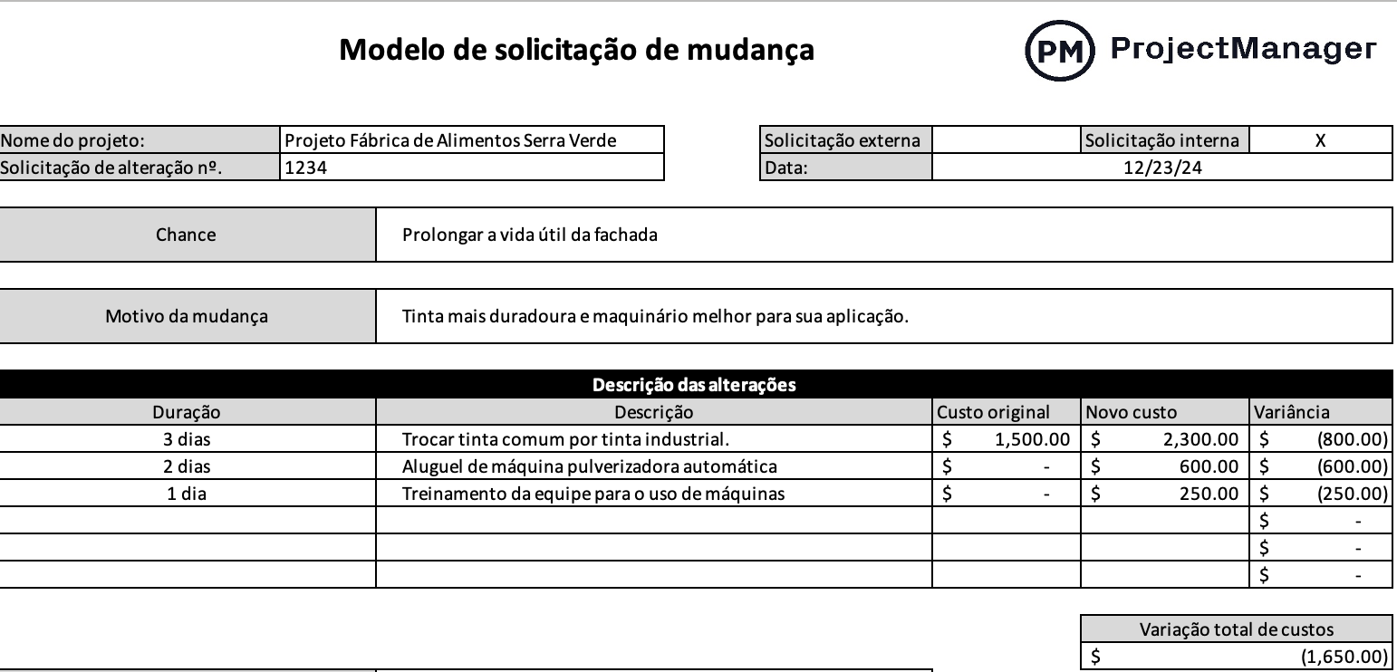 Modelo de solicitação de mudança para Excel