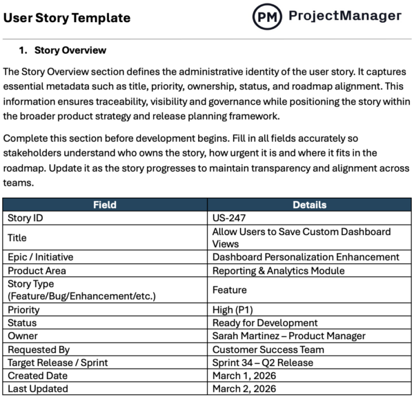 User Story Template for Word - ProjectManager