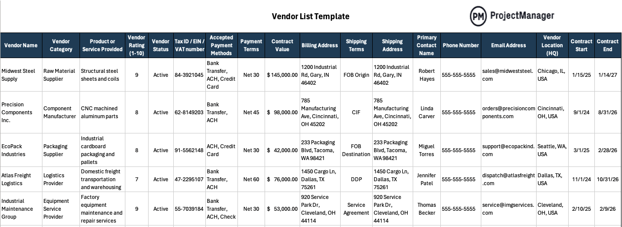 Vendor List Template for Excel