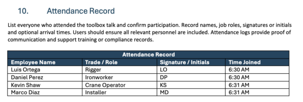 Attendance record section of toolbox talk template