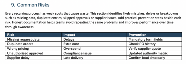 Common risks section of process documentation template