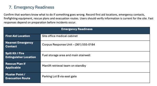 Emergency readiness section of toolbox talk template