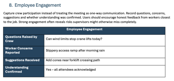 Employee engagement section of toolbox talk template