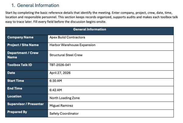 General information section of toolbox talk template