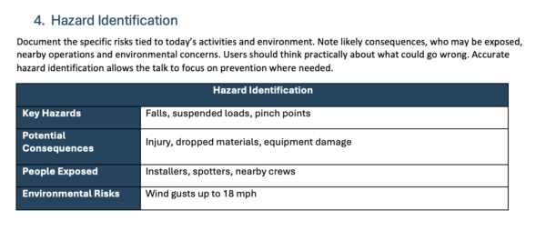 Hazard identification section of toolbox talk template