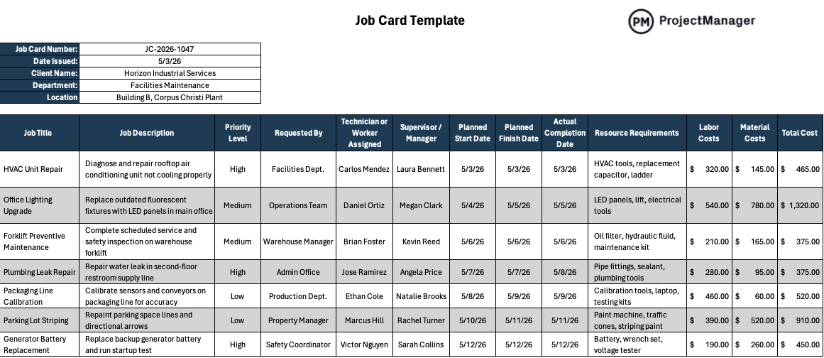 Job Card Template for Excel
