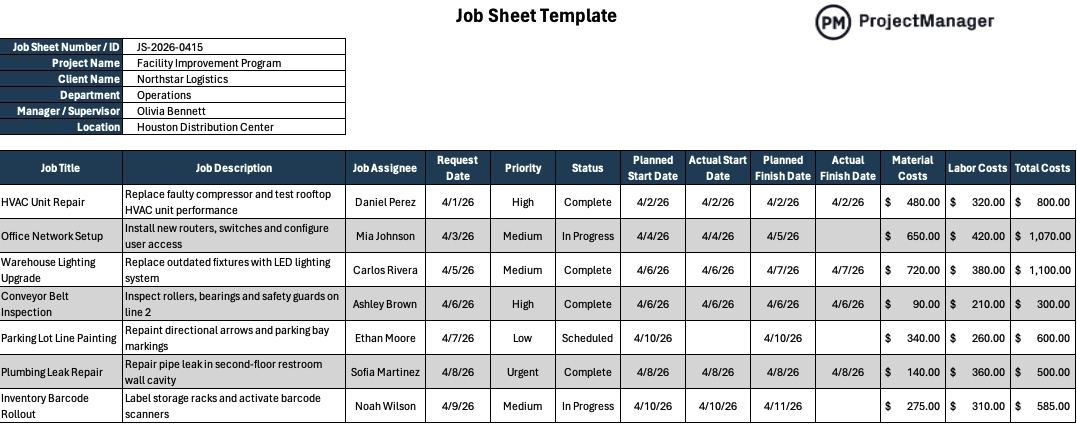 Job Sheet Template for Excel