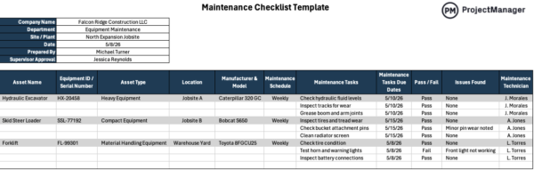 Maintenance Checklist Template for Excel