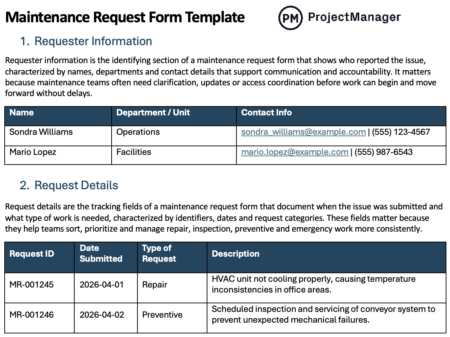 Maintenance Request Box Maintenance Request Form Template for Word - ProjectManager