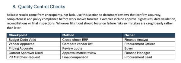 Quality control checks section of process documentation template