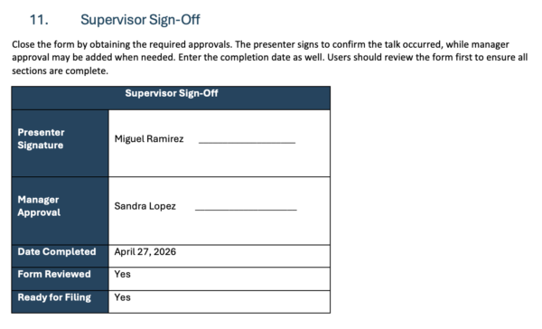 Supervisor sign off section of toolbox talk template