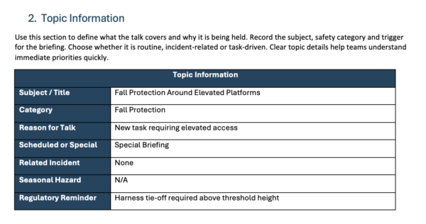 Topic Information section of toolbox talk template
