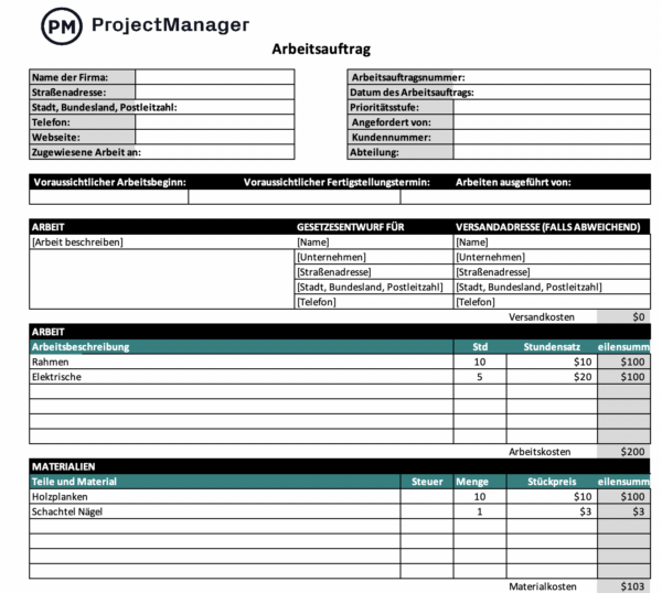 Kostenlose Arbeitsauftrag-Vorlage von ProjectManager