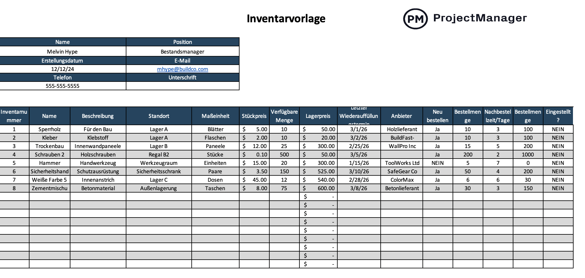 Kostenlose Inventarvorlage für Excel