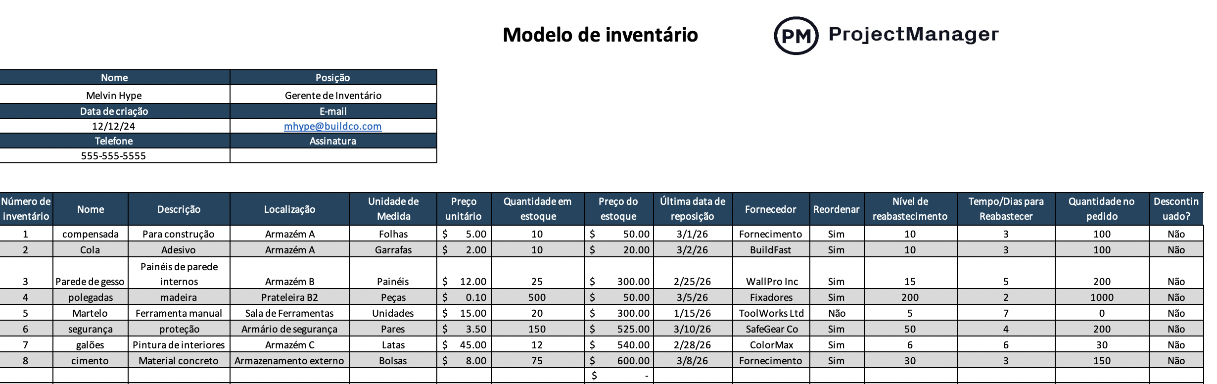 Modelo de controle de inventário para Excel da ProjectManager