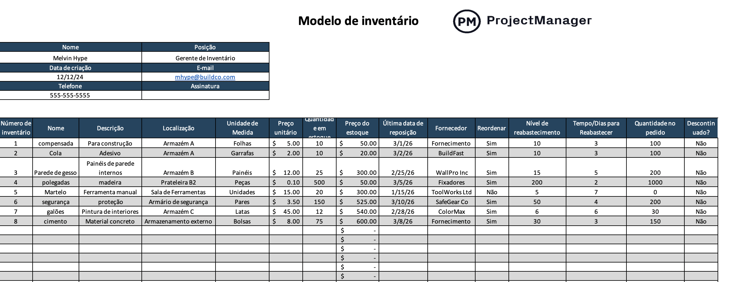 Modelo de inventário gratuito para Excel