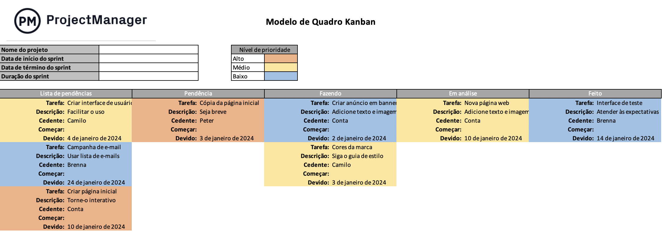 Modelo de quadro kanban do ProjectManager para Excel.