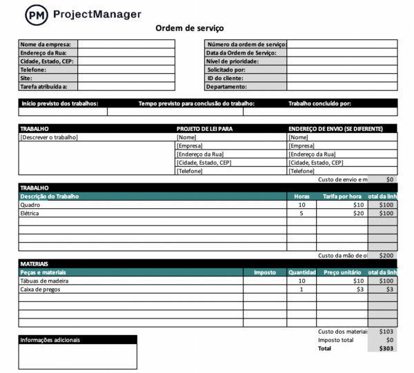 Modelo de ordem de serviço do ProjectManager, um modelo de manufatura para Excel