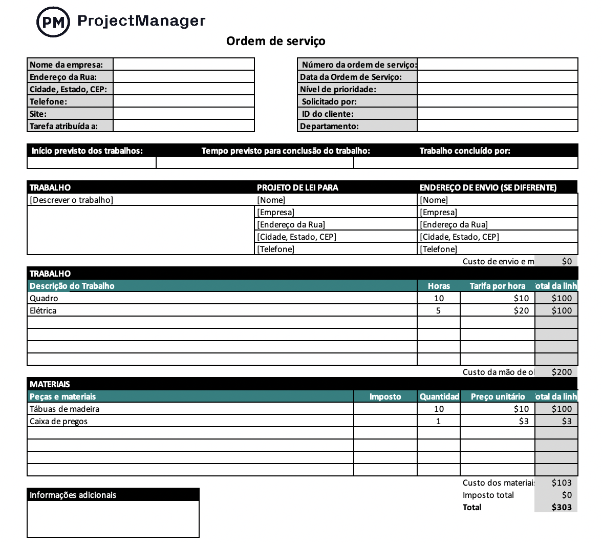 Modelo gratuito de ordem de serviço do ProjectManager