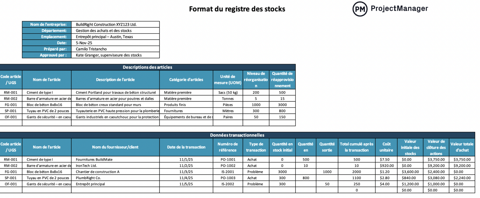 modèle de registre des stocks