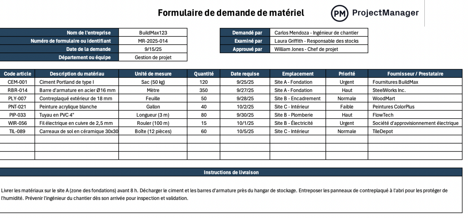 modèle de demande de matériel pour Excel